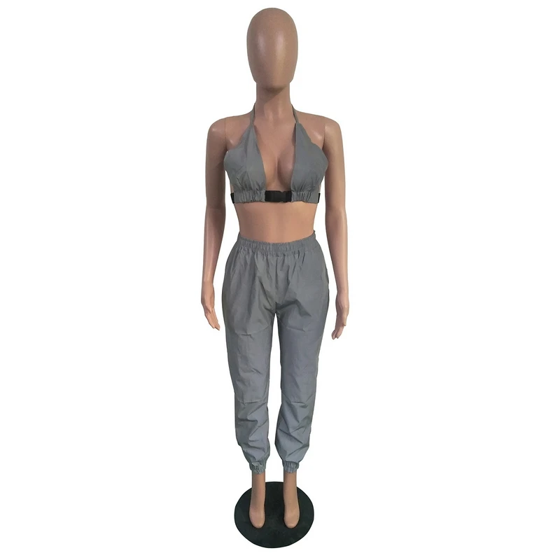 Sun Reflective Cloth Fabric Two Piece Set Backless Crop Top Palazzo Pants Sexy Casual Outfits Halter Sweat Suit Streetwear Loose | Женская