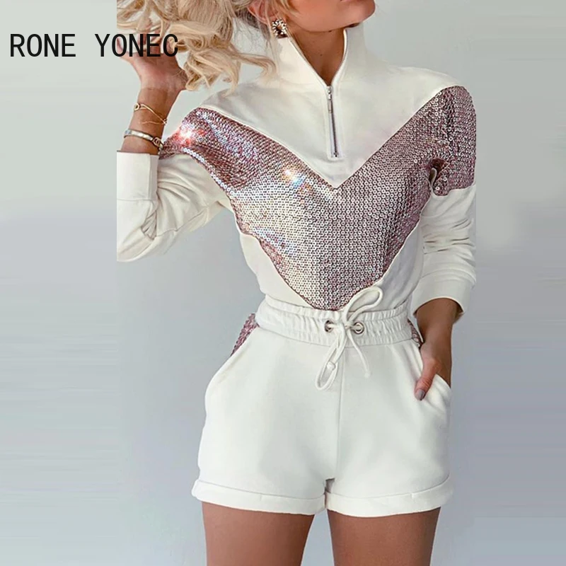 Женские повседневные Лоскутные короткие комплекты с блестками на молнии