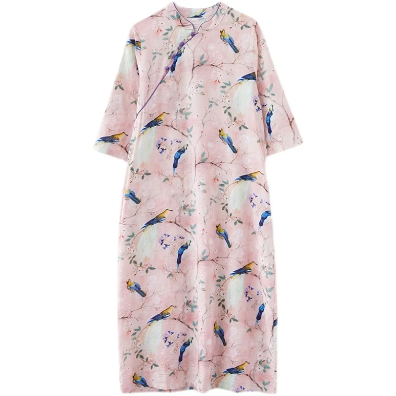 

COIGARSAM National Wind Cotton Linen Women dress New Cheongsam Vintage Print Dresses Painting Flowers 5551
