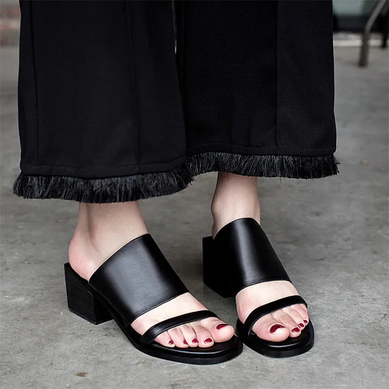

VERCONAS Women Square Heel Genuine Leather Mules Slippers Thick Heels Basic Shoes Brand Design Sandals Summer Shoes Woman