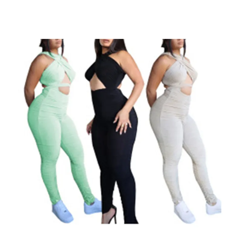 

Women Close-fitting Sexy Jumpsuit Solid Color Sleeveless Off-the-shoulder Overalls Slim Rompers Party Club Streetwear