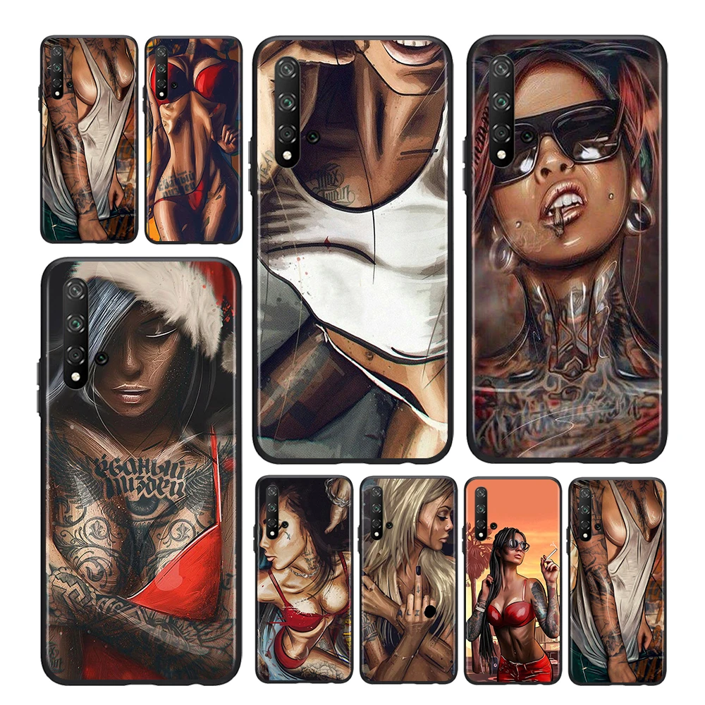 

Sexy Sleeve Tattoo Girl For Honor Magic 3 View 20 10X 10i 10 X10 9N 9X 9C 9A 9S 9 V9 Lite Pro Plus 5G Black Phone Case Capa