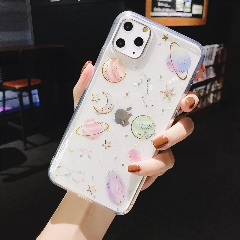 Glitter Planet Star Moon Space Phone Case For iPhone 14 Pro Max 13 12 11 X XS XR 7 8 Plus Mini Transparent Soft Epoxy Back Cover