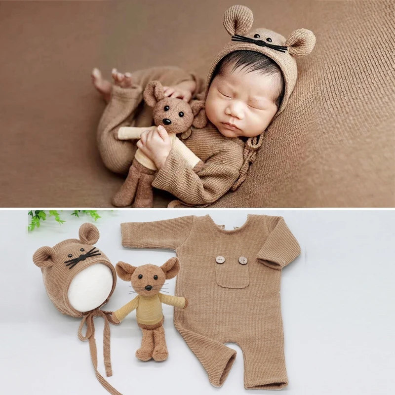 

3 Pcs/set Newborn Photography Props Suit Knitted Cotton Jumpsuit Hat Mouse Doll