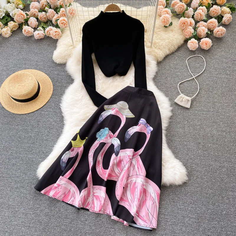 

2022 New Style Spring Autumn Ladies Women's Knitted Weater Printed Skirt