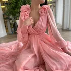 Платье Свадебное розовое с длинными рукавами-фонариками и V-образным вырезом