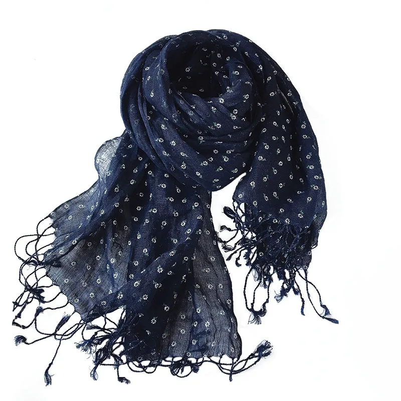 

Spring And Autumn New Navy Small Floral Scarf Thin Print Shawl Japanese Pure Linen Scarf Women Summer Shade