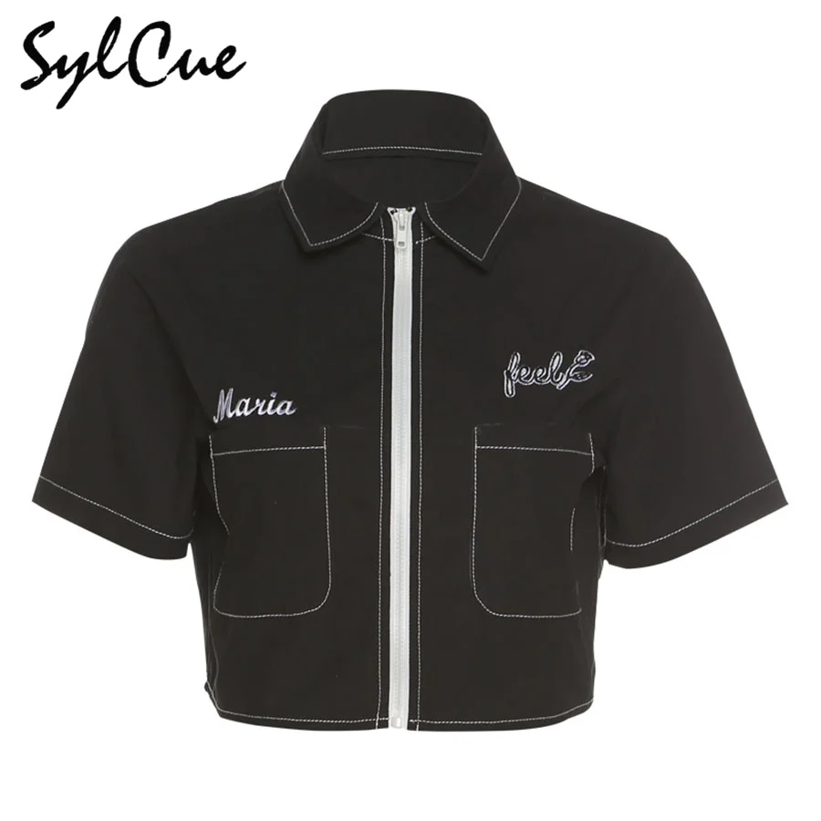 

Sylcue Summer new black lapel zipper crop T-shirt Punk girls minimalist style wild clothing Comfortable Short Sleeve crop top