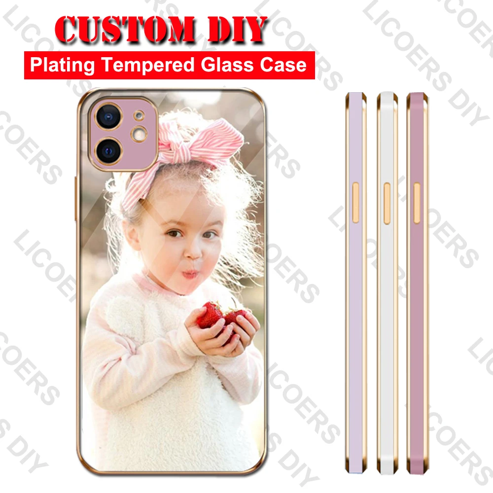 

3 Colors Plated DIY Glass Case for iPhone 12 Pro Max 11 XS Max X XR 7 8 Plus Custom Tempered Glass Cases Customised Photo Cover