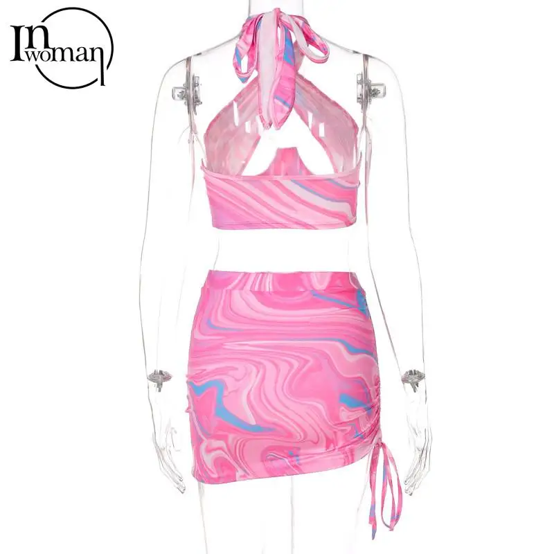 

INWOMEN Summer Sexy Print 2 Two Piece Sets Women Skirts 2021 Halter Backless Crop Top Ruched Skirt Suits Bodycon Matching Set