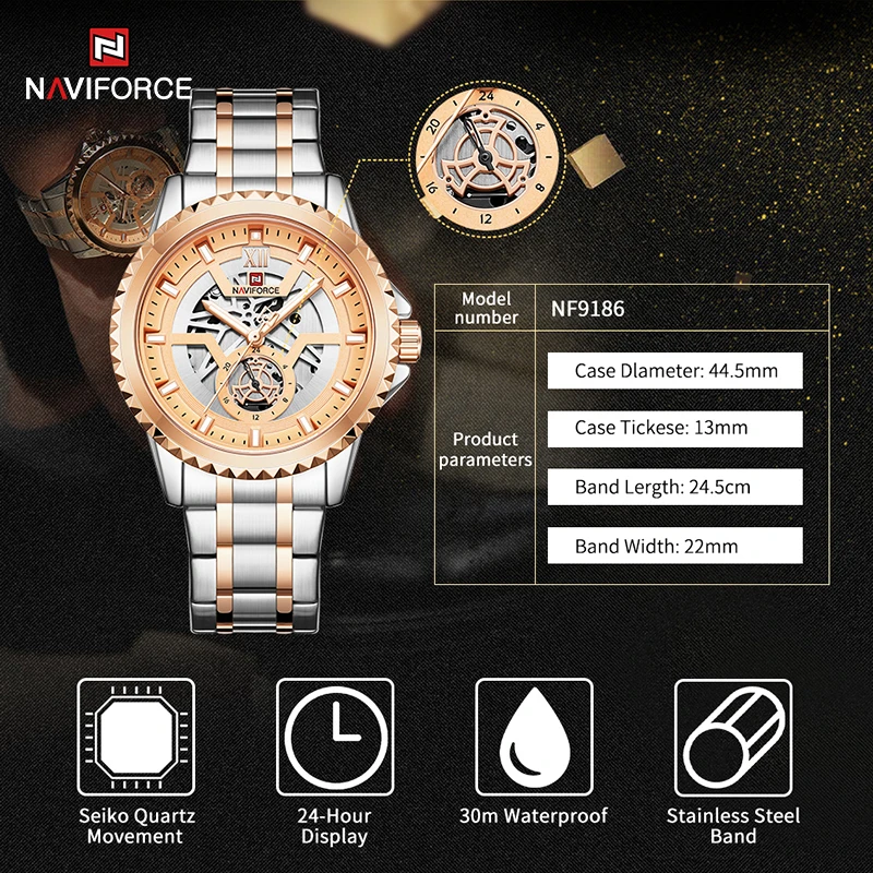 

NAVIFORCE Brand Luxury Men's Wristwatches Clock Shock Resistant Casual Sports Stainless Steel Luminous Quartz Analog Men Watches
