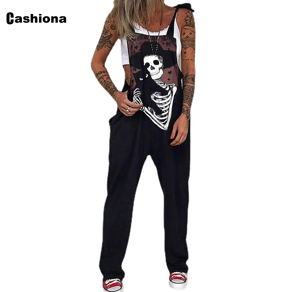 2022 Gothic Fashion Skull Print Jumpsuit Plus Size 4xl Women Sleeveless Loose Romper Casual Trouser Overalls Ladies Streetwear