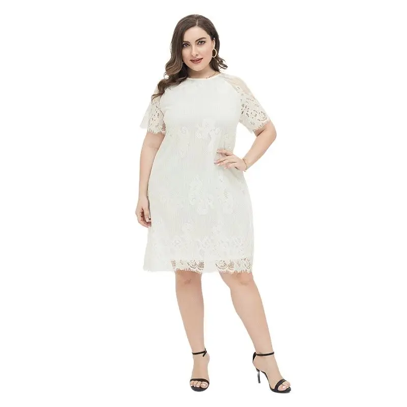 Summer Oversize Women Midi Dress Short Sleeve Lace Casual White Elegant Dresses Soft Fabric