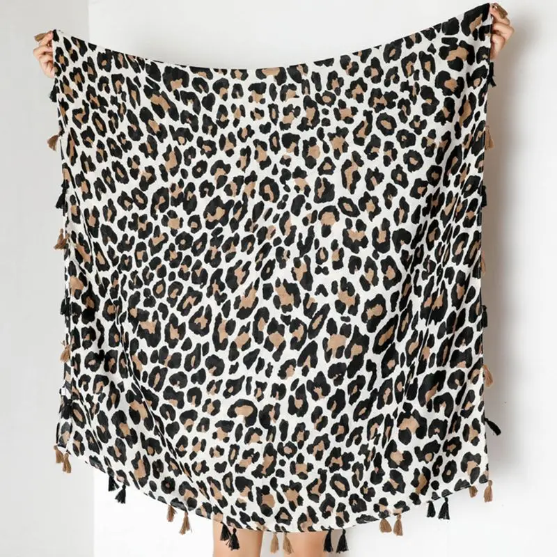 

Vintage Leopard Cotton Scarf Contrast Color Tassels Oversized Large Shawl Wrap M6CD
