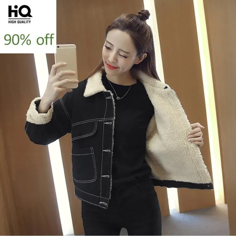 Женская зимняя Толстая теплая куртка с флисовой подкладкой черное джинсовое