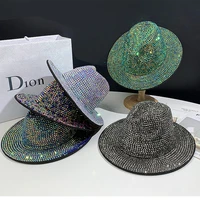 faux wool fedora hat with all over stones women men wide brim felt jazz hats fall winter bling bling panama party performance