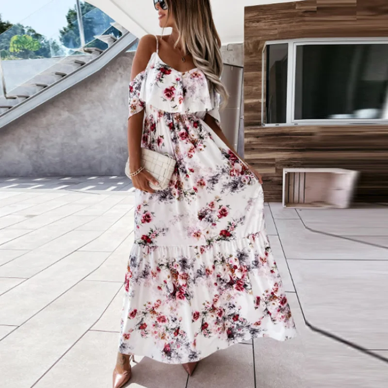 Модное летнее платье в стиле ретро Цветочный принт с открытыми плечами пляжное