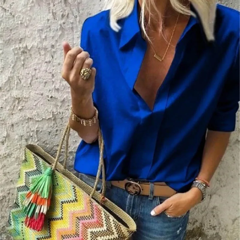 Solid Dark blue Весенняя женская блузка для отдыха, топы, женские офисные блузки с цепным принтом, женские стильные блузки с длинным рукавом, женские 5XL - Цвет: Solid Dark blue