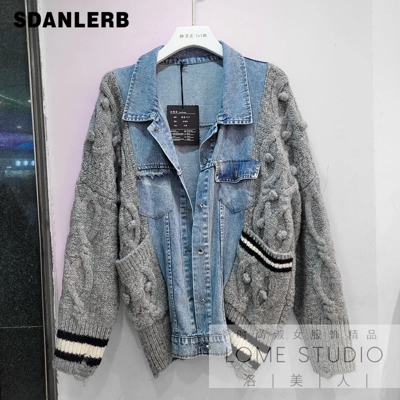 

2021 Autumn Winter New Polo Collar Stripes Color Contrast Patchwork Knitted Sweater Coat Loose Denim Patchwork Women Jacket