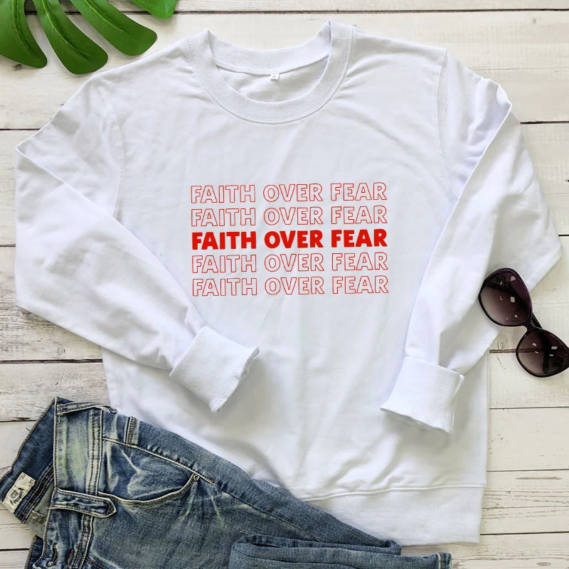 

Новый Faith Over Fear 100%; Хлопковый свитер; Повседневная женская обувь с длинным рукавом Христианской Библии Цитата пуловеры, уличная одежда