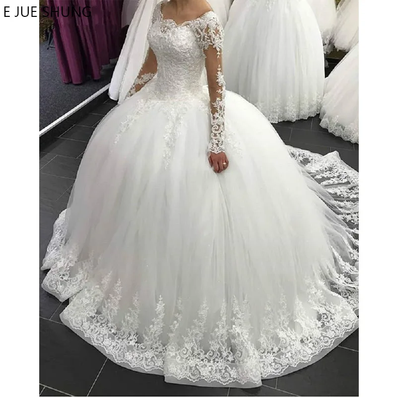 

E JUE SHUNG Lace Appliques Ball Gown Wedding Dresses Scoop Neck Lace Up Back Long Sleeve Bridal Gowns robe de mariee