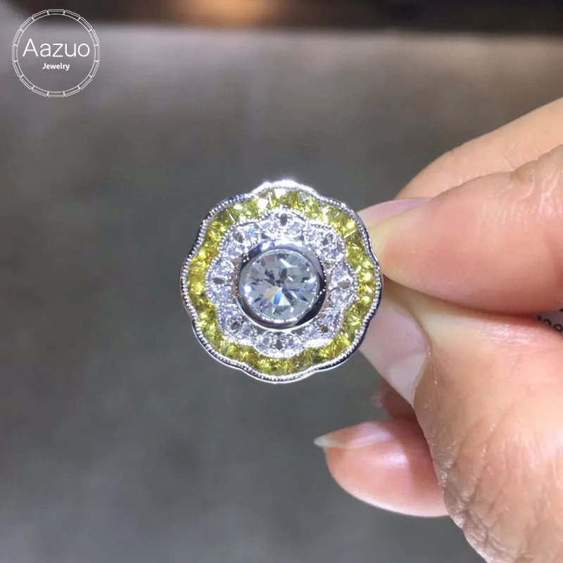 

Aazuo Original Real 14K White Gold Natural White Aquamarin Yellow Saphire Real Diamond Crassic Flower Ring gifted for Women
