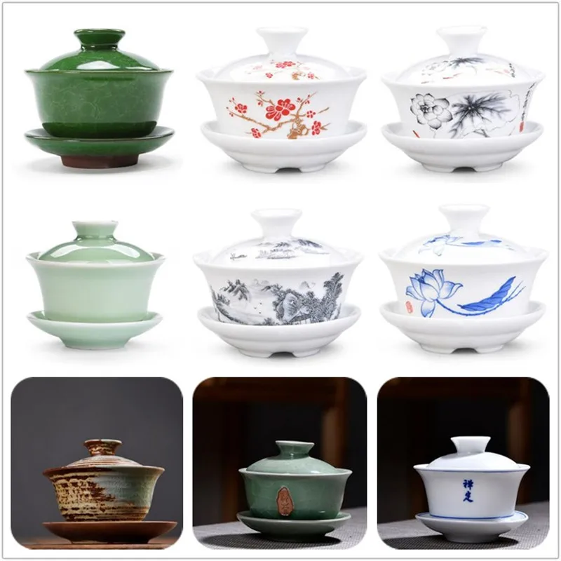 Керамическая чашка с тремя крышками стакан для чая большая сине белая фарфоровая