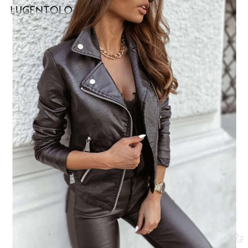 

Streetwear Moto Jacket Women Large Size Slim Fit with Zipper Lapel Faux Leather Jackets Spring Fashion New Lugentolo
