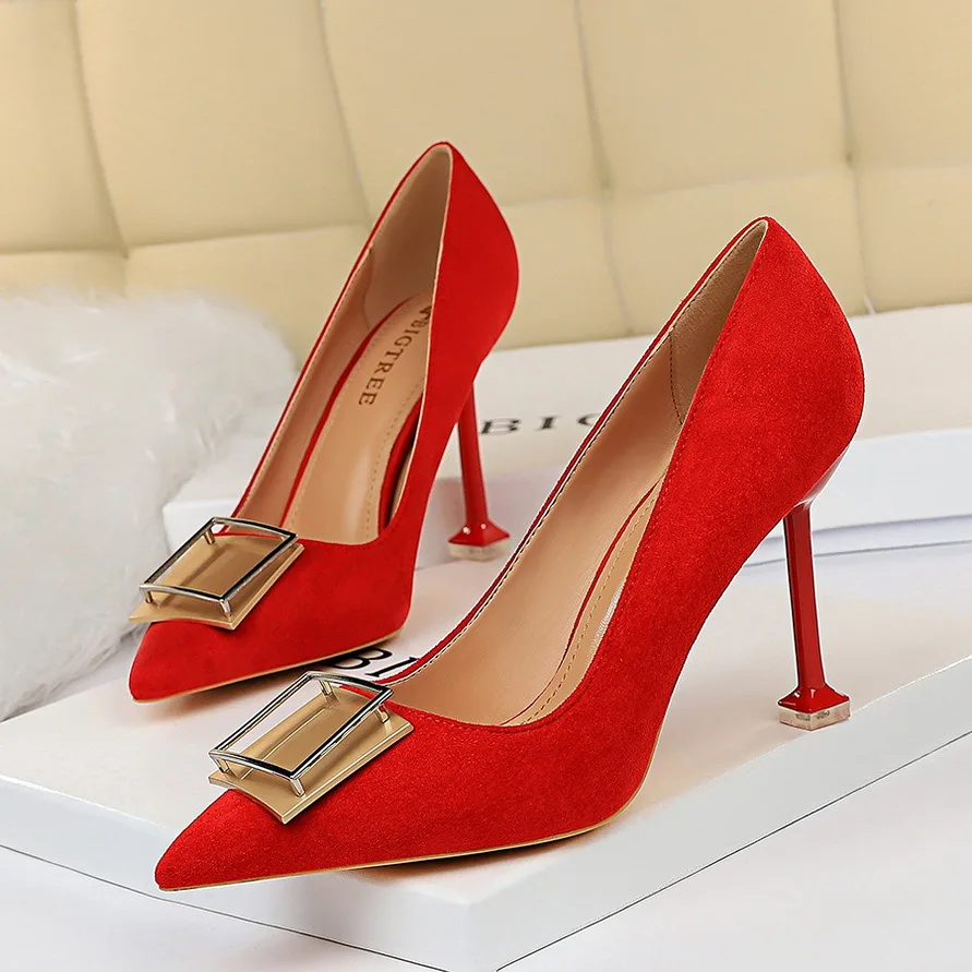 

European And American Fashion Women's High Heels Fine with High Heels Shallow Mouth Pointed Sexy Was Thin Metal Buckle Shoes