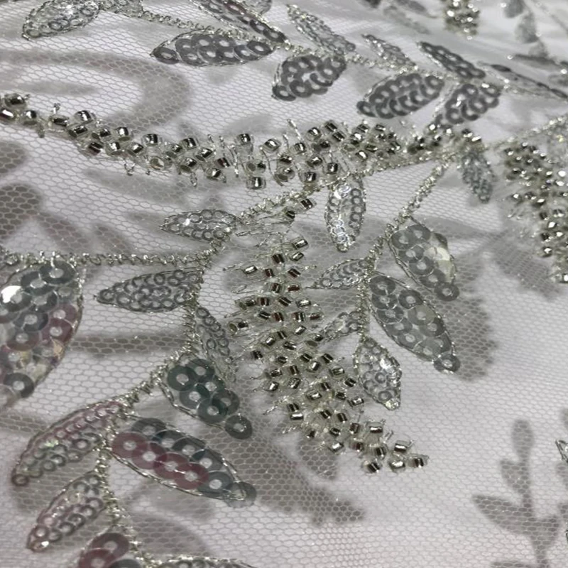 

Bridal Luxury Quality Floral Beaded Embroidery Lace Fabric French Wedding Pure White Mesh with Sequins for Evening Dress Sewing