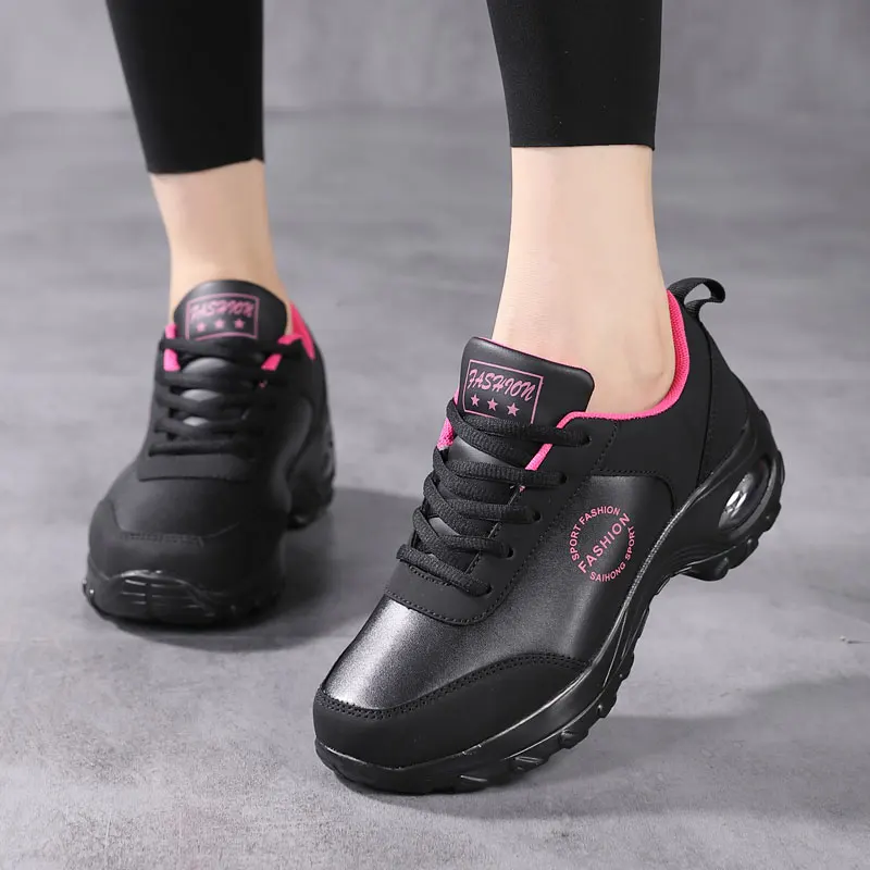 ZHENZU 2022 New Leather Black Running Shoes Air Cushion Women Sport Sneakers Tennis Trainers Gym Walking zapatillas de deporte
