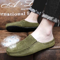man summer fashion pig skin casual half shoe male breathable soft backless half loafers hombre open back leather comfy mocassins