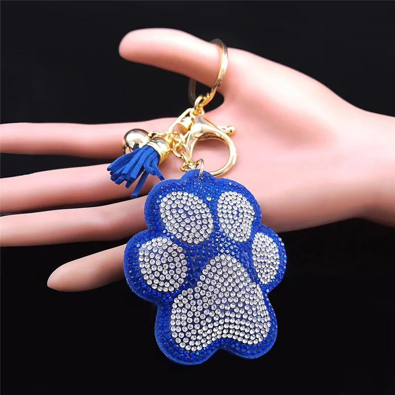 Fashion Dog Hand Crystal Tassel Keyring for Women Gold Color Pet Dog Cat Paw Print Bag Key Chain Jewelry llavero mujer K2500S01 images - 6