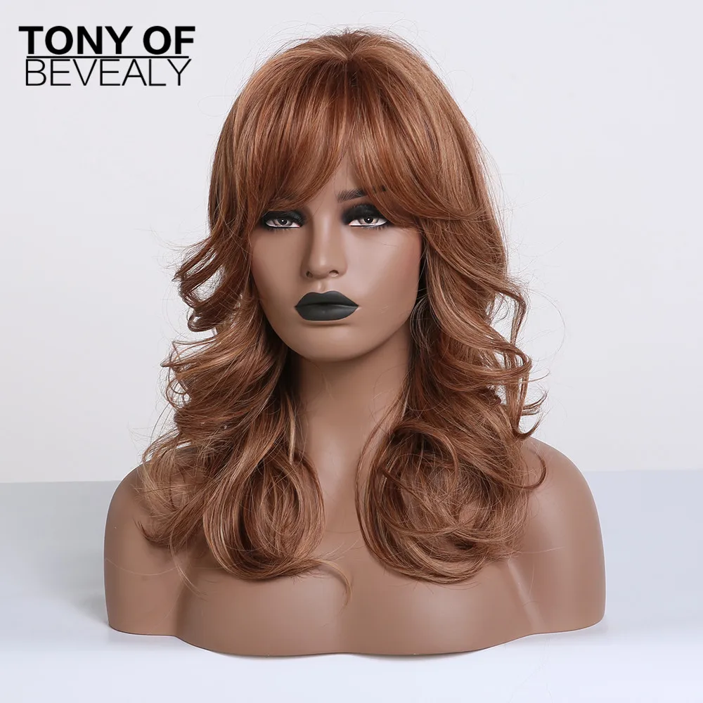 Длинные коричневые волнистые синтетические парики для афроамериканских женщин
