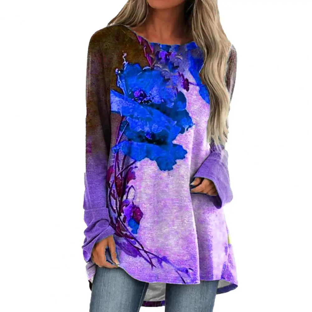 

Women Autumn Blouse 2021 Flower Print Loose Women Long Sleeve Round Neck Pullover Streetwear