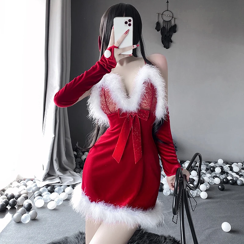 

Sexy Lingerie Perspective Lace Plush Suspender Nightdress Christmas Uniform Set Bunny Girl Costumes for Women Adult