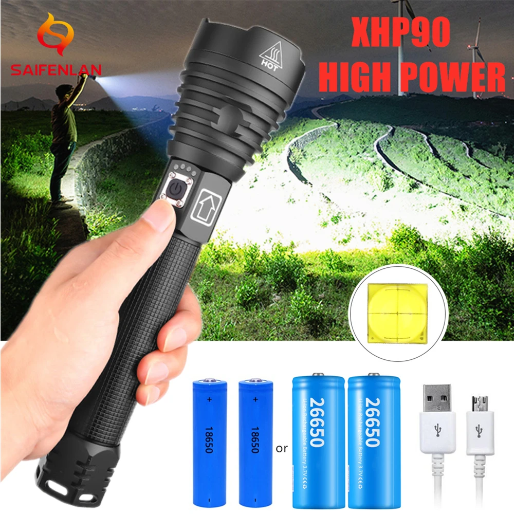 Мощный перезаряжаемый светодиодный фонарик XHP90 с индикатором заряда батареи