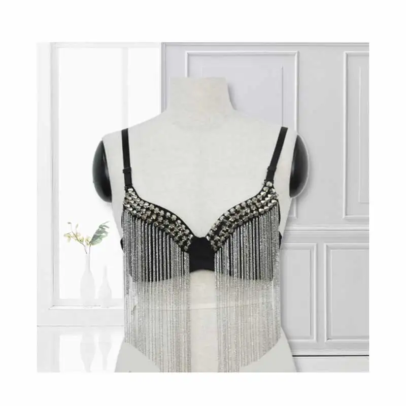 Сексуальный черный бюстгальтер в стиле рок панк с кисточками и заклепками шипами