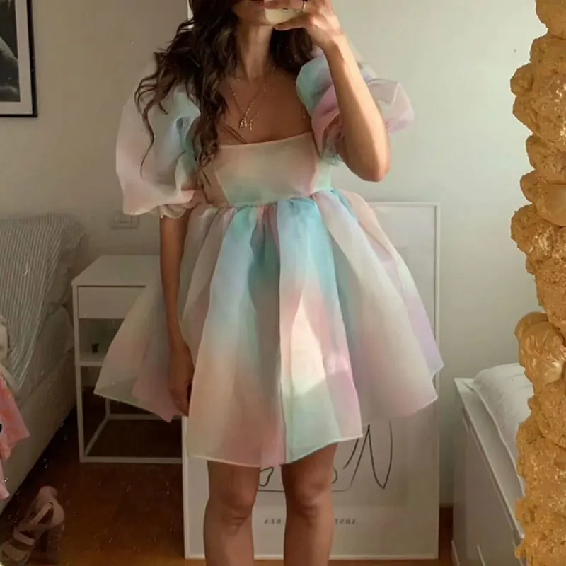 

Women Puff Sleeve Tulle Tutu Princess Dress Square Collar Mesh Ruffle Bubble Skirt Wedding Evening Party Prom Mini Fairy Dress