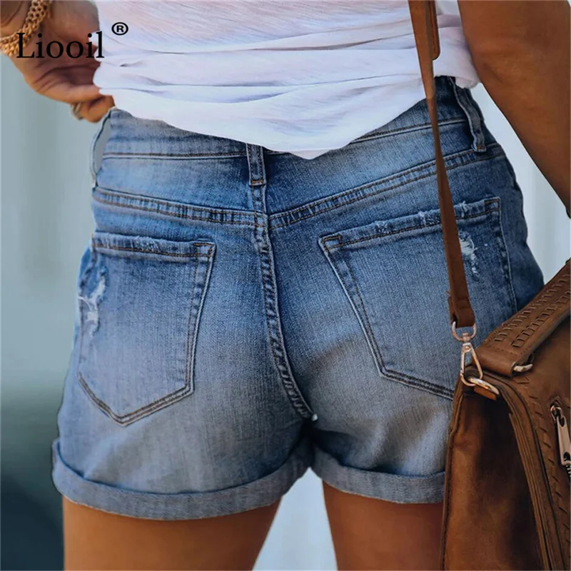 Женские джинсовые шорты с завышенной талией эластичные Рваные на пуговицах и