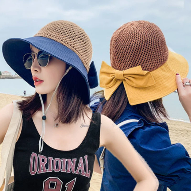 

Summer Large Brim Straw Hat Floppy Wide Brim Sun Cap Bowknot Beach Foldable Hats New 2020 Hats for Women