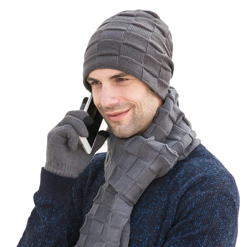 

Men Winter 3Pcs Solid Plaid Knit Beanie Hat Long Scarf Touch Screen Gloves Set