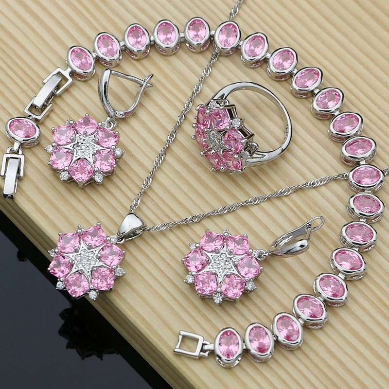 

Lovely Pink Zircon Austrian Crystal 925 Silver Jewelry Sets Costume Jewelry Kits For Women Earring Necklace Set Dropshipping