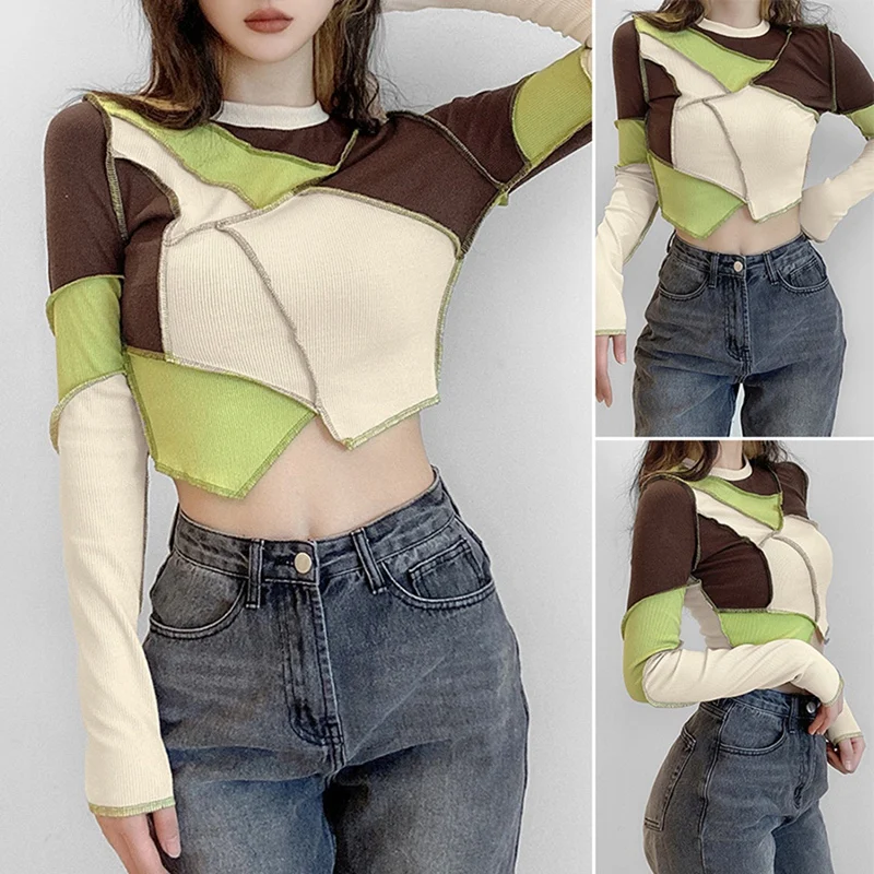 

Женская футболка цвета хаки с длинным рукавом и круглым вырезом