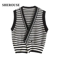 sherouse women fashion striped knit sweater vest sleeveless crossover v neck waistcoat chic woman winter knitted tank top