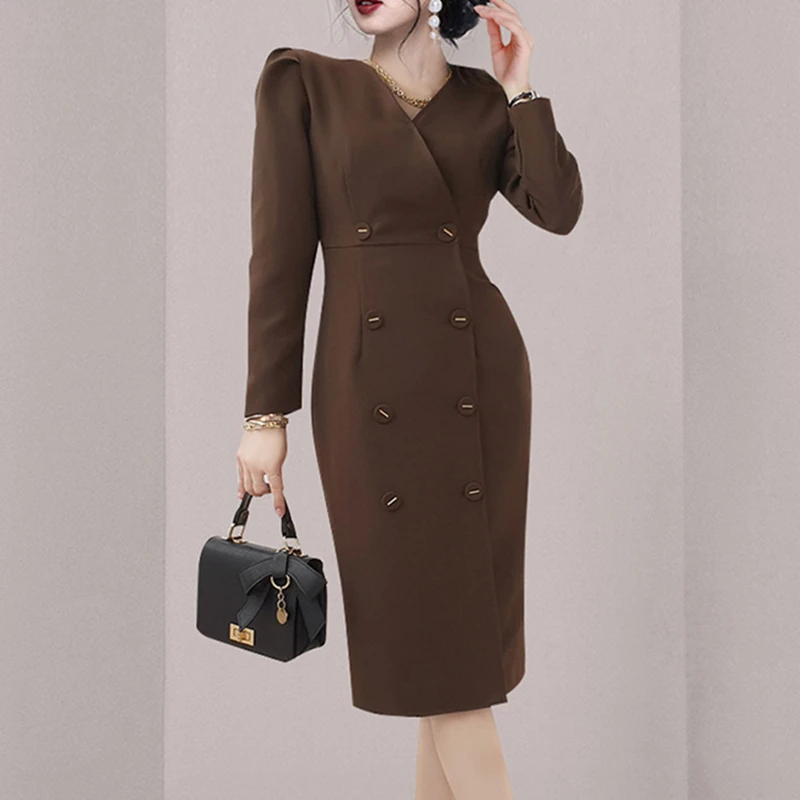 

Elegant V-Neck Women Knee-Length Dress Double-Breasted Puff Sleeve High Waist Dress Female 2021 Spring