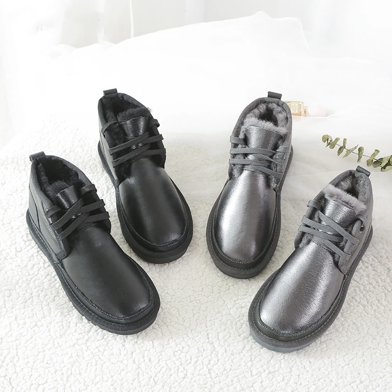 2021 Fashion Beckham snow boot for men lace-up winter shoes real sheepskin leather nature wool fur ankle short boots | Обувь