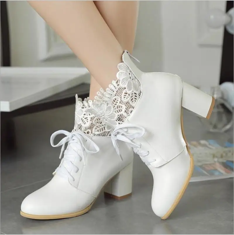 Новинка женские ботильоны шикарные кружевные Ботинки martin на толстом каблуке