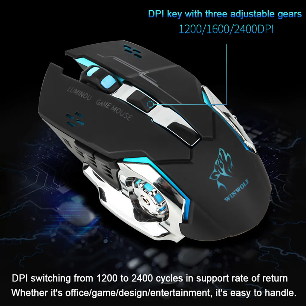 Rechargeable 2.4Ghz Wireless Mouse Silent Illuminated Mechanical Mouse USB Gaming Mouses 2400dpi 7 Colors Raton Inalambrico