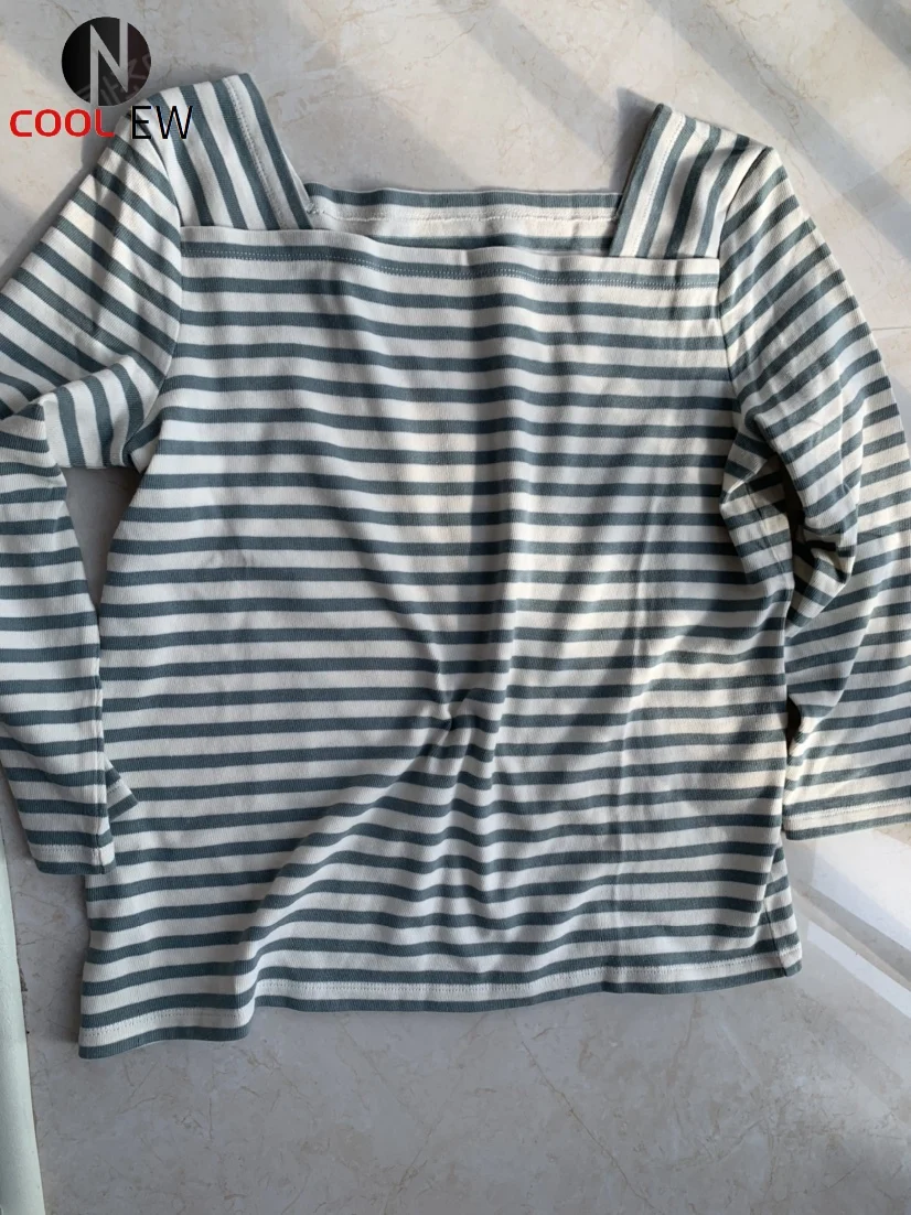 

Ladies Contrast Striped Square Collar Tees Top - Women Stylish T Shirt